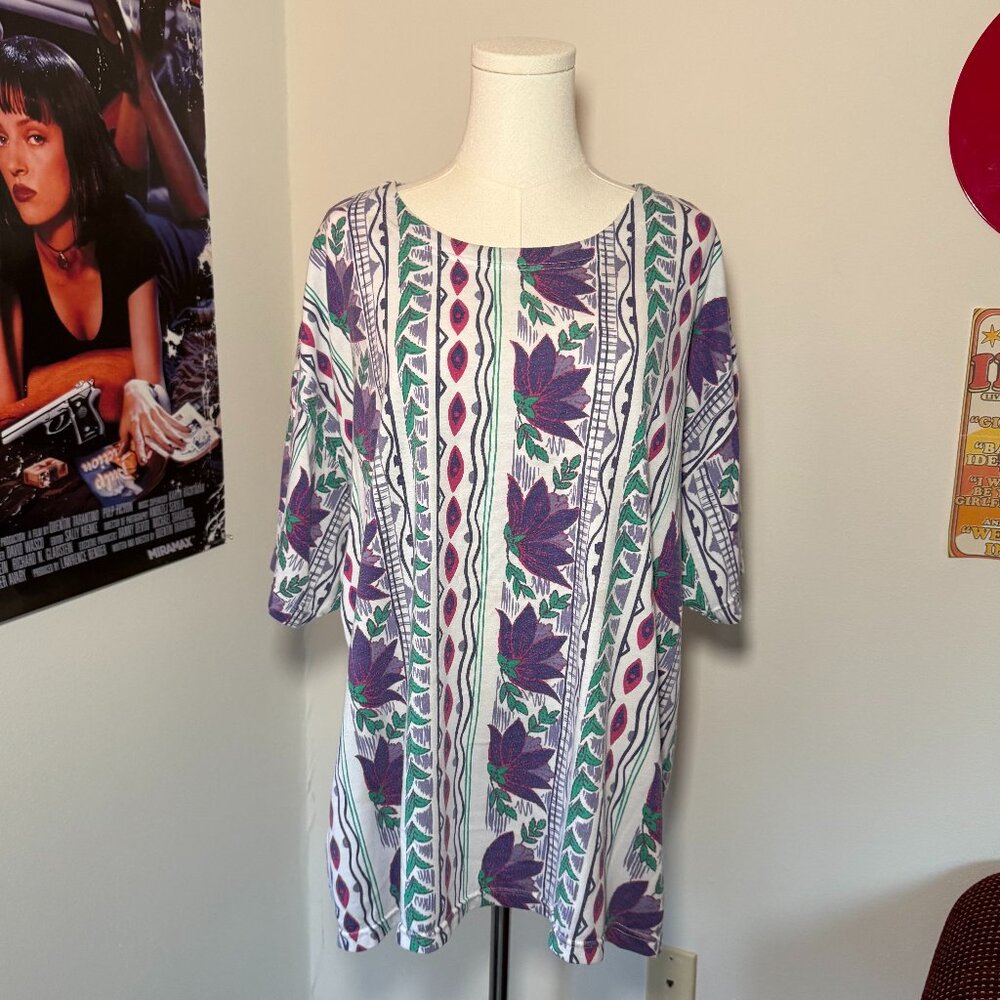 Vintage Bold Spirit Purple, Green, and White Floral Short Sleeve Shirt